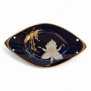 Vintage Edelstein Bavaria Echt Cobalt Oval Tray, Navy, Gold Leaves, White Orchid